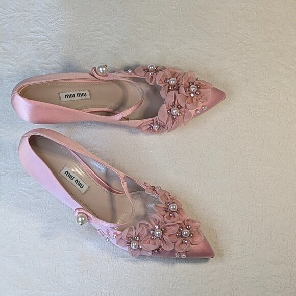 MIU MIU Pink Satin Encrusted Mary Jane Pumps Size 40 NWOB - Picture 1 of 15